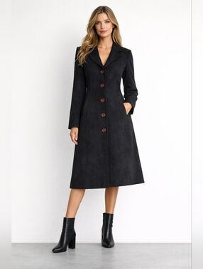 Black Vegan Suede Midi Coat With Burgundy Buttons